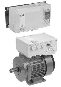  Inverter-fed induction motor with inverter mounted directly onto motor. (Alternatively the inverter can be wall-mounted, as in the upper illustration, which also shows the user interface module.) (Photo courtesy of ABB)