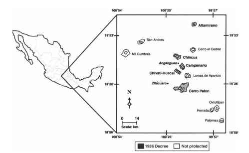 Locations of 12 mountain massifs on which monarch butterfly overwintering occurs in the oyamel-pine forest ecosystem of central Mexico, about 120 km west of Mexico City. The total area shown is approximately 11,700 km2. The five shaded polygons are overwintering areas protected by presidential decree in 1986 (16,100ha). The unshaded polygons are seven additional overwintering areas that currently are not protected.