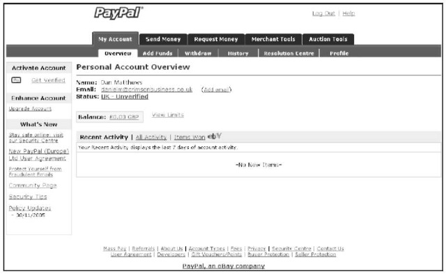 The PayPal Seller Overview page.