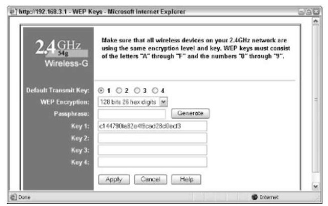 The Linksys WRT54G's WEP encryption key goes in a specific box. Other routers are similar.