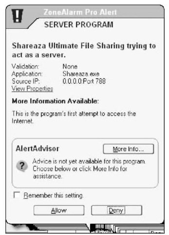 An alert about a program inside the firewall that's trying to get out — Shareaza, for example.