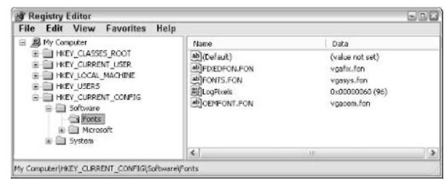 Inside the HKCC\Software\Fonts key.