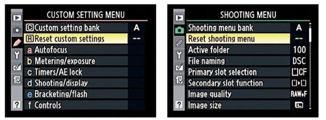  Choose these options to quickly restore all Shooting menu and Custom Setting menu options to the default settings.