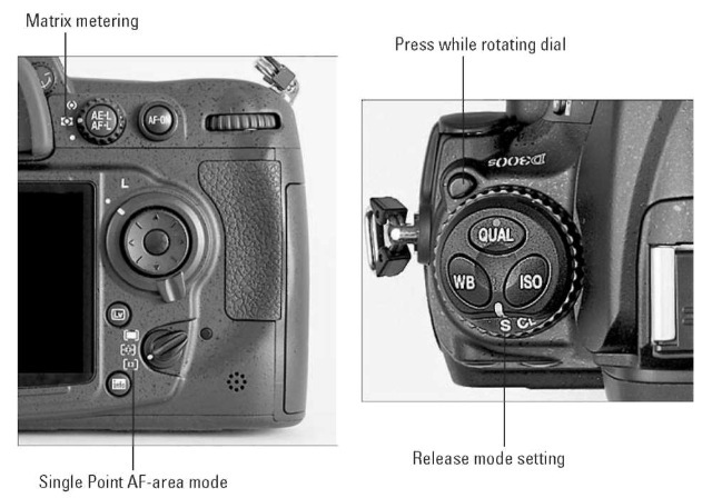 Use these Metering mode, AF-area mode, and Release mode settings.