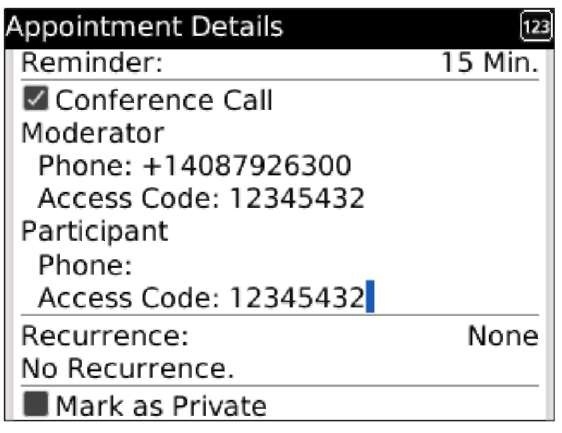 Conference call information displayed in the Appointment screen.