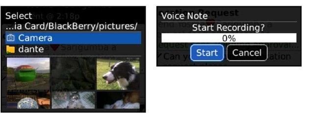 Send a picture (left) or start recording a voice message (right).