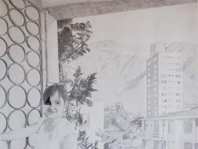 6. First term projet (o en chileno, prueba global 1). Hacer un retrato (en realidad era con trampa, uno calca los rasgos principales y mediante luces y sombras hace los detalles), y hacer un fondo con perspectiva. Obviamente el retrato es de mi y el fondo es la vista desde el depto del Rodri. :) Me gusta mucho, sobretodo todos los detalles que le hice.
