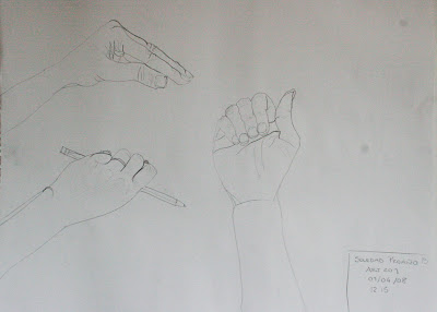 1. Mi primer dibujo. Primero nos hicieron dibujar la mano, normal, y despues la OTRA mano, con la OTRA mano, es decir, me toco dibujar con la mano izquierda. Todo un descubrimiento! no lo volvimos a hacer, pero fue como un shock al cerebro.