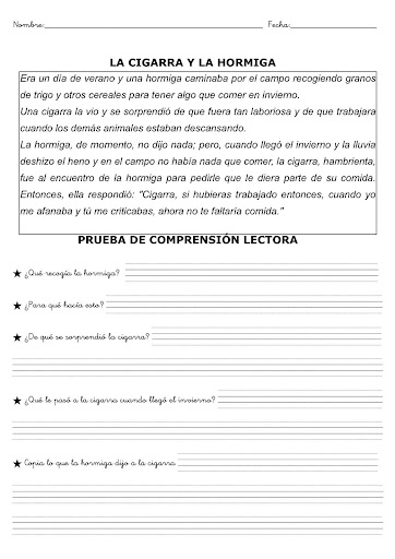 PRUEBA DE COMPRENSION LECTORA DE LA CIGARRA Y LA HORMIGA PRUEBA DE COMPRENSION LECTORA DE LA CIGARRA Y LA HORMIGA