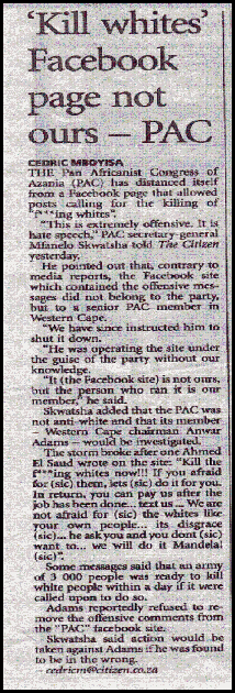 Kill whites Facebook page not ours claims PAC Feb262010 Citizen