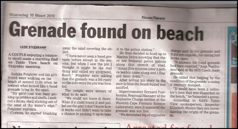 Grenade found on beach in Cape Town mostly frequented by whites 10 March 2010