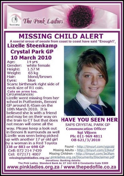 Steenkap Lizelle Crystal Park Benoni missing from school March102010 Red Toyota abductor