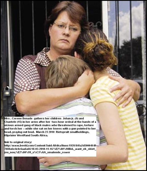 Benade Mrs Corene hugs kids Johan 9 and Chantele 15 March232010 SmalloldingRietspruitAttack