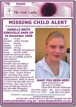 Brits Danelle missing Sinoville 10Dec2009 Pretoria