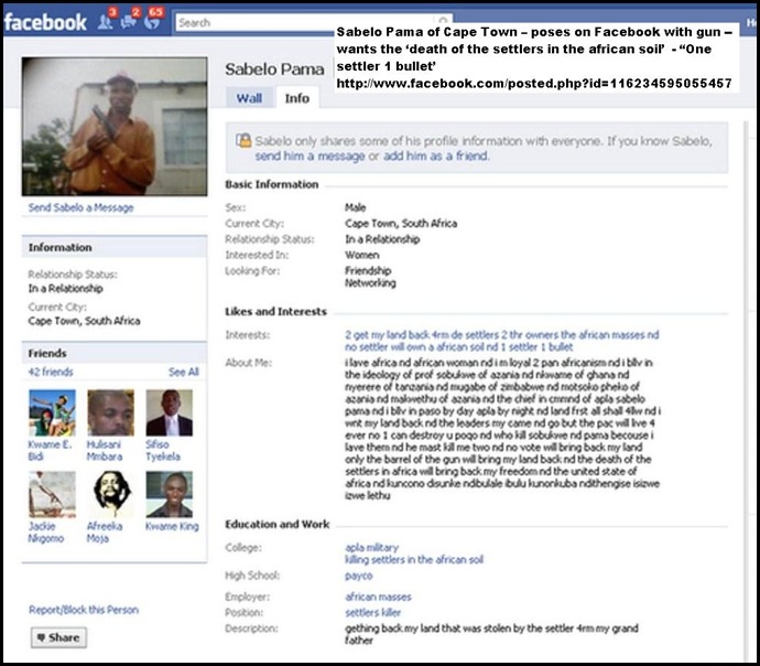 Pama, Sabelo APLA _Killing Settlers in the African Soil  threat June252010 Facebook