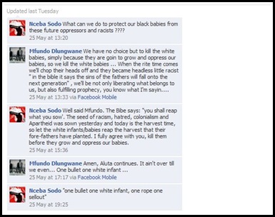 Sodo Nceba
 One Bullet One White Infant hatespeech FacebookMay252010 at 19_25