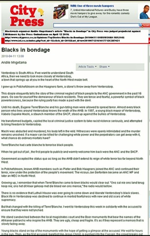 [Blackwash Andile Mngcitama BLACKS IN BONDAGE article City PressApril112010PrejudicedAgainstAfrikanersRuleP1[7].jpg]