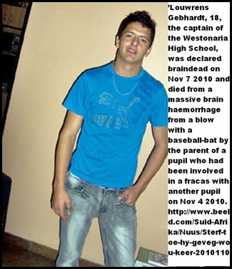 Gebhardt Lourens 18 Westonaria high school killed intervening in fight Nov7010