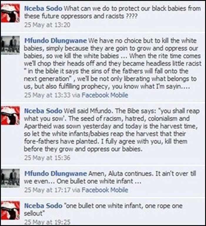 ANTIWHITE HATESPEECH ONE BULLET ONE WHITE INFANT NCEBA NCODO PE SAFMARINE MAY252010