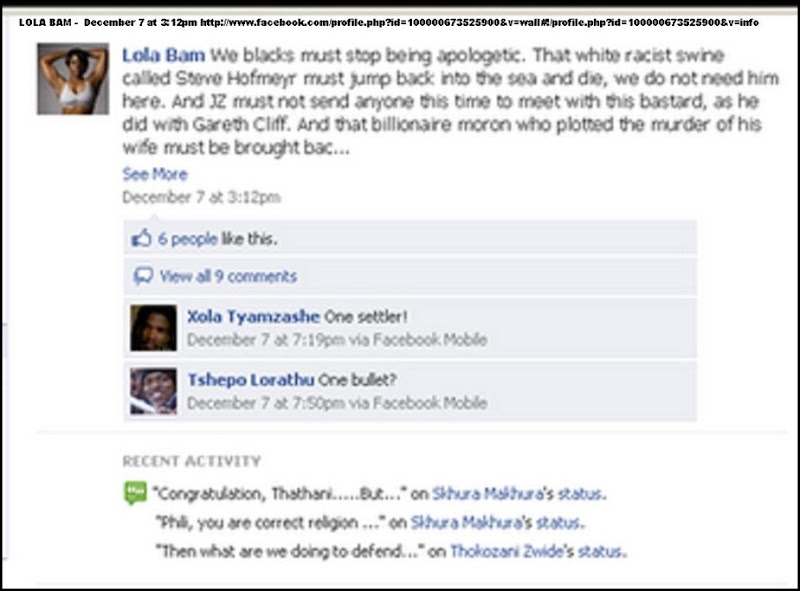 ANTI AFRIKANER HATESPEECH LOLA BAM VS STEVE HOFMEYER DEC7 2010 FACEBOOK PAGE