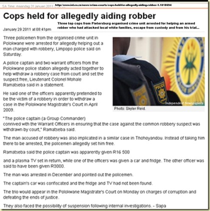 SAPS PIETERSBURG ORG CRIME UNIT 3 COPS ARRESTED JAN292011
