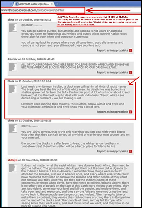 Antiwhite hatespeech White Man murdered claim Julius Malema article ZimMail 11Oct2010_12_11_14 posting Antiwhite hatespeech White Man murdered claim Julius Malema article ZimMail 11Oct2010_12_11_14 posting