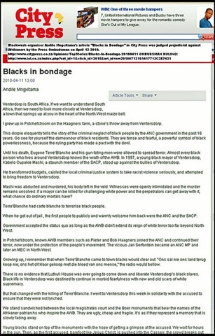 [Blackwash Andile Mngcitama BLACKS IN BONDAGE article City PressApril112010PrejudicedAgainstAfrikanersRule[1].jpg]