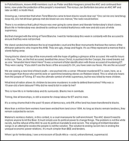 [Blackwash Andile Mngcitama BLACKS IN BONDAGE article City PressApril112010PrejudicedAgainstAfrikanersRuleP2[1].jpg]