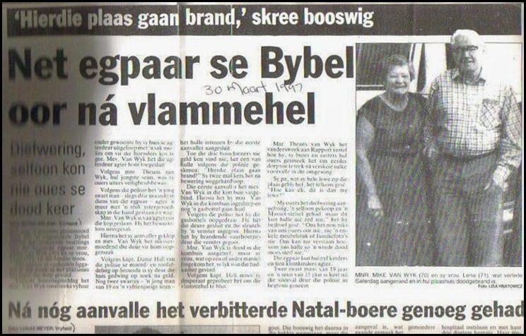 VanWyk couple attacked TORCHED IN HOMESTEAD VRYHEID 30 MARCH 1997