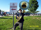 Photo: Ian shows the crowd which way the stadium is.