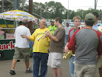 Photo: Rob converses with one of the Mallards staff members.  He seemed to really enjoy New Orleans Brass Band.
