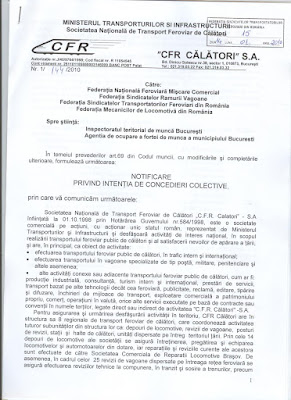 Picture Notificare CFR CALTORI SA privind intentia de concedieri colective