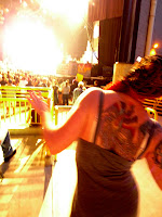 The arena lights up with pyrotechnics
