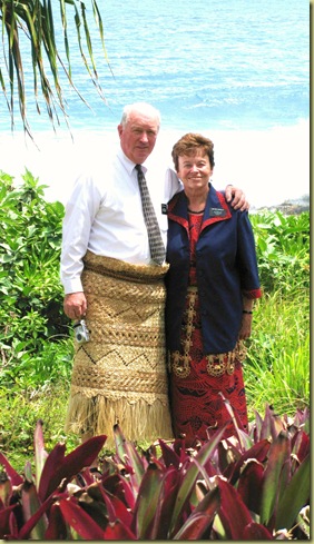 Elder and Sister Hawley in Tongan dress 