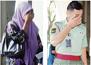 TERTUDUH, Raden Farah dan Tengku Mohd Faisal menutup muka ketika di luar Mahkamah Tinggi Syariah Kuala Lumpur, semalam.