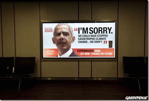 30 Nov 2009, Adverts with heads of state placed all over Copenhagen International Airport by the global coalition, tcktcktck.org and Greenpeace calling on world leaders to secure a fair, ambitious and binding deal at the Copenhagen Climate Summit. This ad depicts President of the USA Barack Obama. © Greenpeace/Christian slund