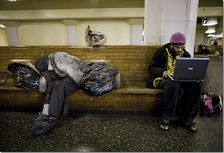 Charles Pitts checks his internet at the Transbay Terminal in San Francisco, CA.  Mr. Pitts knows several "secret locations" around the city like this one where he can both connect to a power outlet, and get a free internet signal.  The internet is making staying connected possible for many homeless people.  


CREDIT: Brian L. Frank for The Wall Street Journal