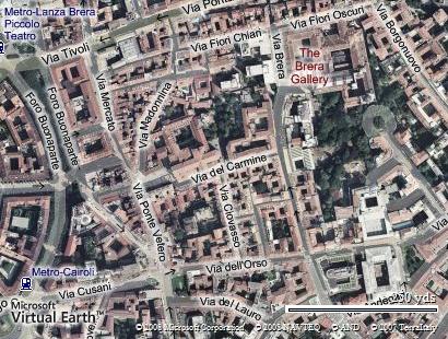 Via del Carmine 8, al centro della mappa, sede del Circolo Ufficiali a Milano