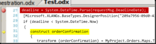 Example of orchestration being debugged in Visual Studio debugger