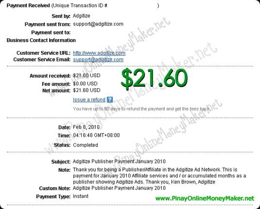 Adgitize Payment Proof - $21.60 on February 8, 2010