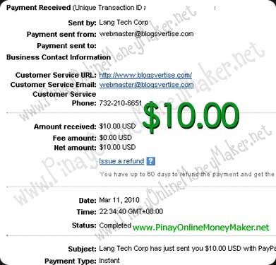 Blogsvertise Payment Proof - $10.00 on March 11, 2010