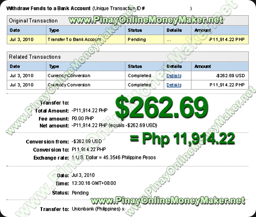 Paypal Proof of Withdrawal - $262.69 - Php 11,914.22