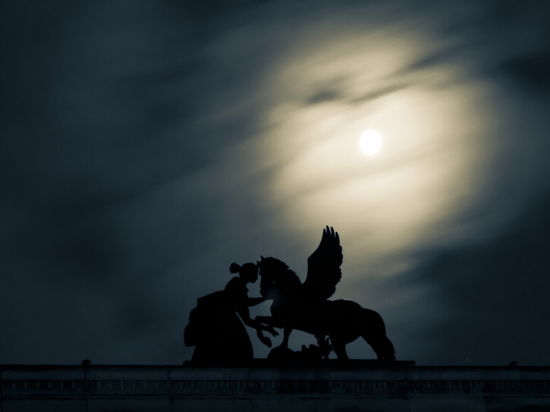 Mystic Moonlight FRAU KÜßT EINEN PEGASUS ALS SCHATTENRISS IM MONDSCHEIN AUF DEM DACH DES ALTEN MUSEUMS IN BERLIN-MITTE