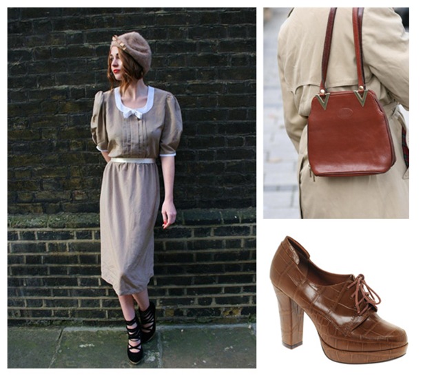 A simple vintage dress, looks great paired with classic tan accessories. 