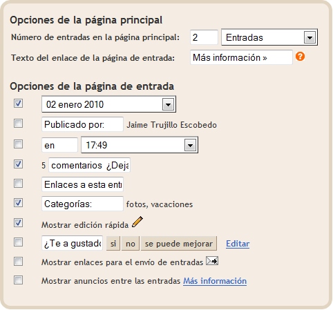 Diseño - Elementos de la página - Editar elemento entradas Recuperar la fecha en el blog
