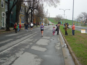 Approaching the marathon finish line at the Bluenose International Marathon