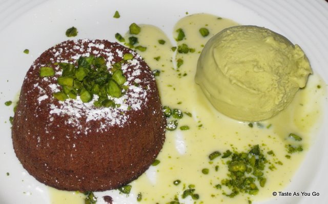 Chocolate Flan with Pistachio Gelato - Photo by Taste As You Go