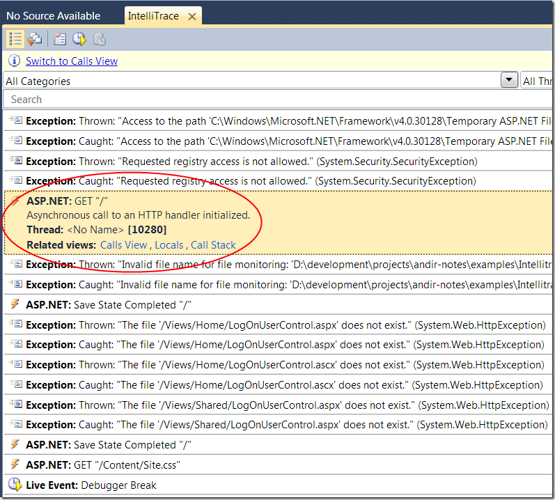Скриншот: стэк вызовов для данного события залогированного IntelliTrace для ASP.Net Mvc приложения