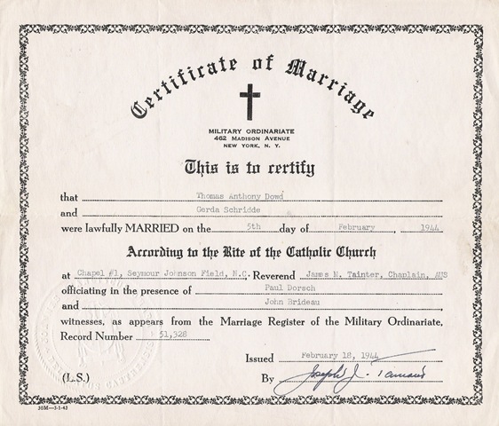 [T Dowd G Schridde Marriage Cert 1944[3].jpg]