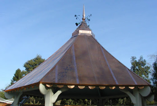 custom whimsical copper finial with forged flowers. Custom copper roof.  Location:  Fresno, CA. Custom built by The Metal
                                             Shoppe, The Copper Specialists!